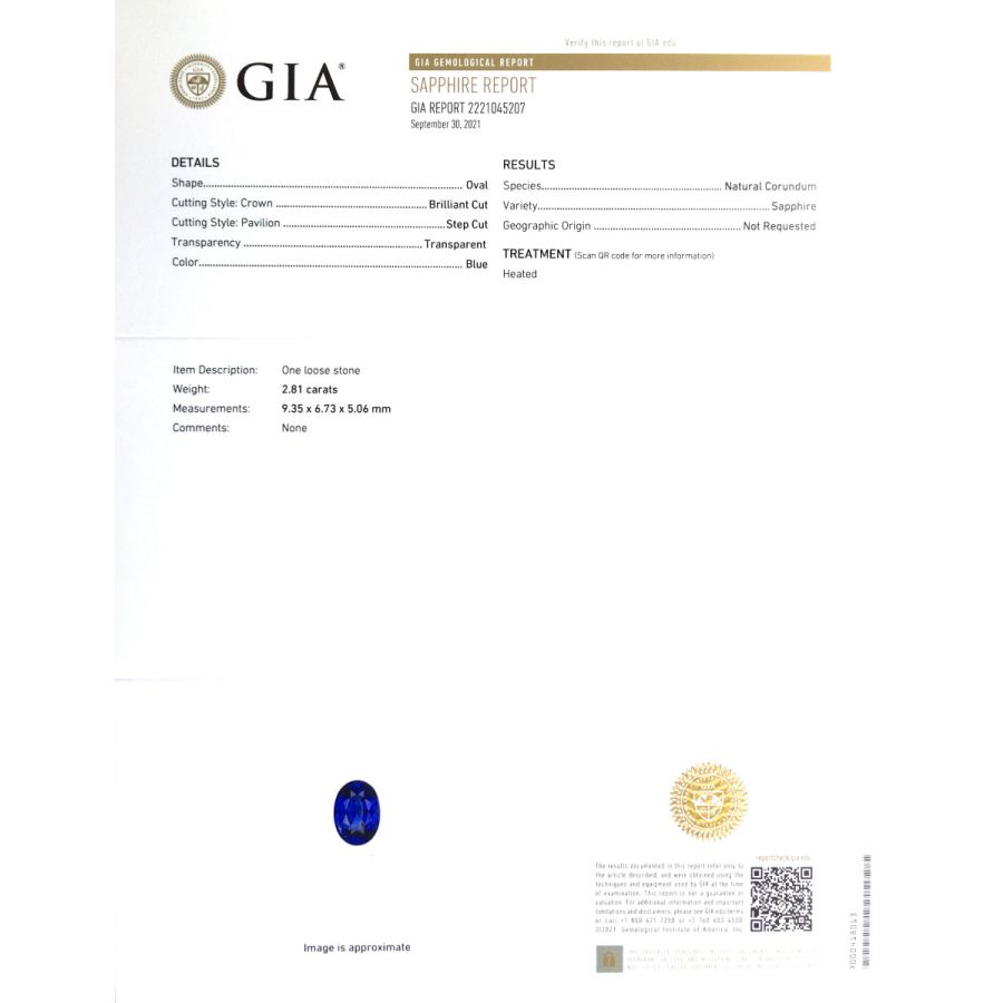 Natural Blue Sapphire 2.81 carats with GIA Report