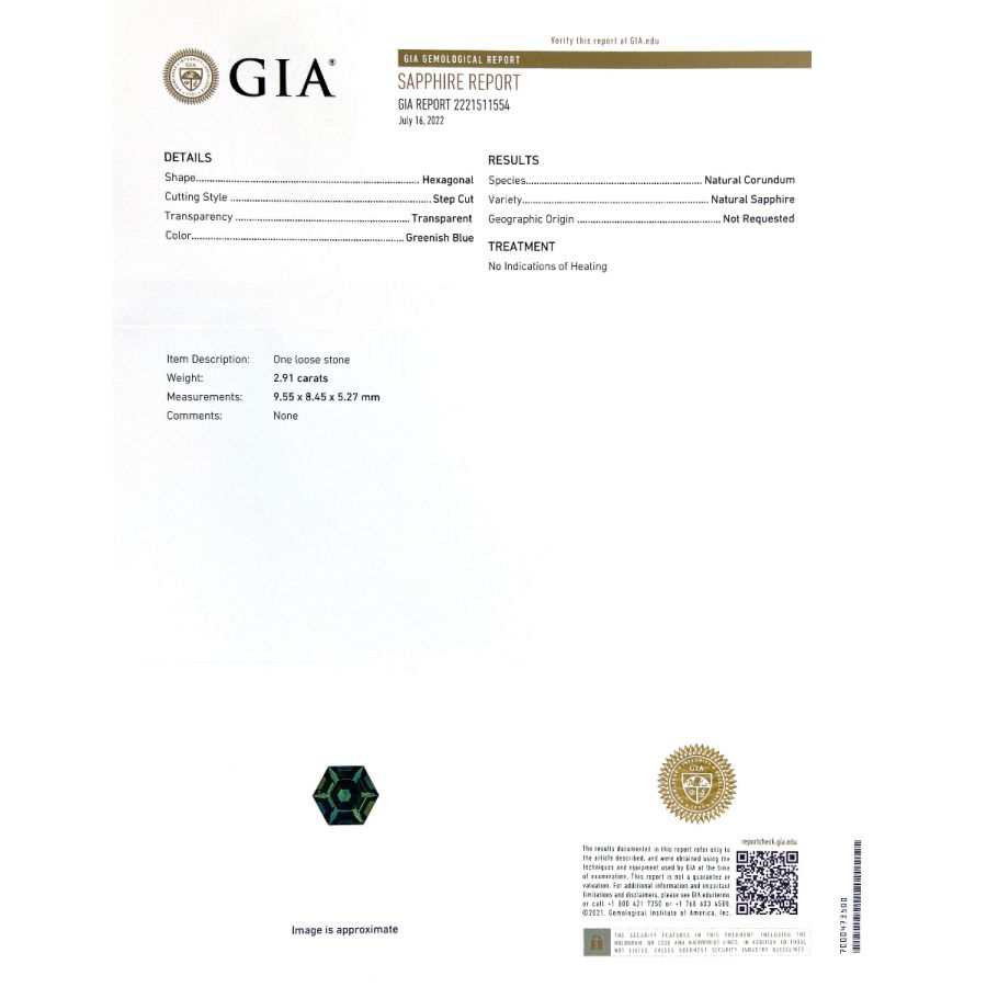 Natural Unheated Hexagonal Teal Greenish Blue Sapphire 2.91 carats with GIA Report