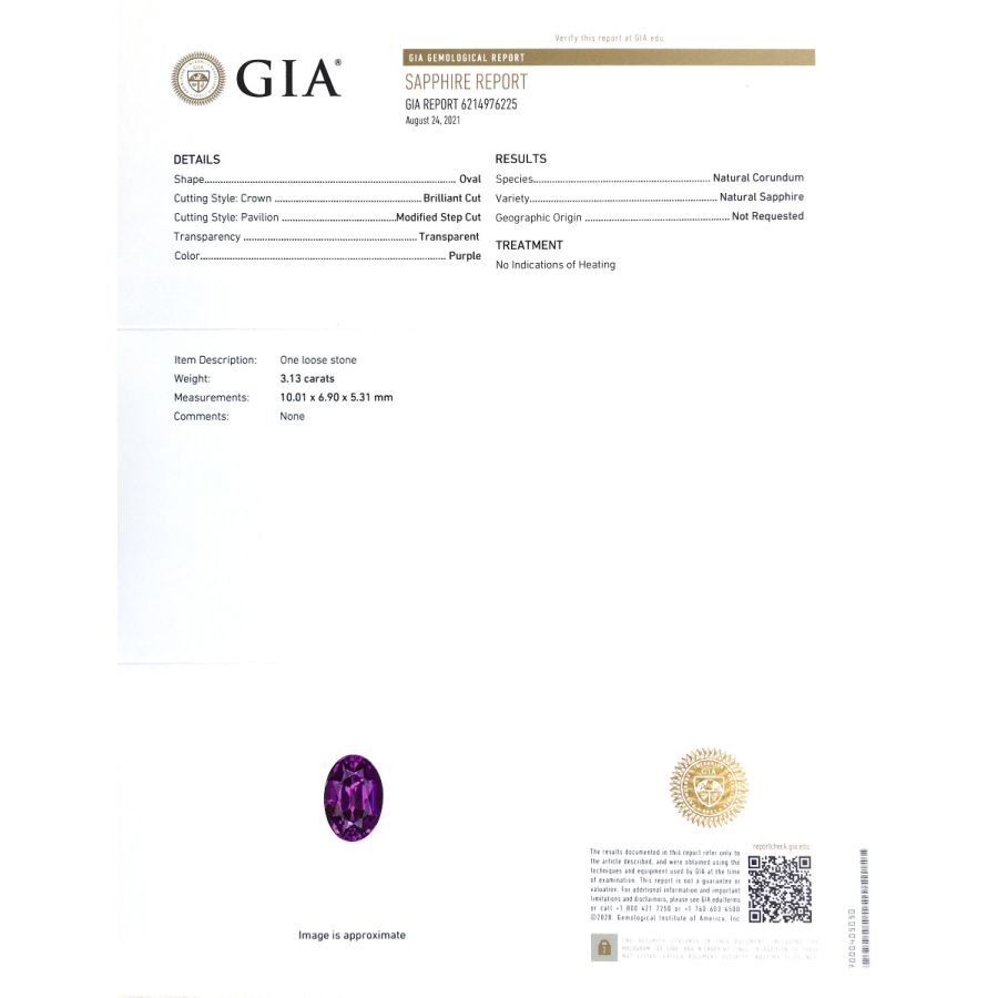Natural Unheated Purple Sapphire 3.13 carats with GIA Report