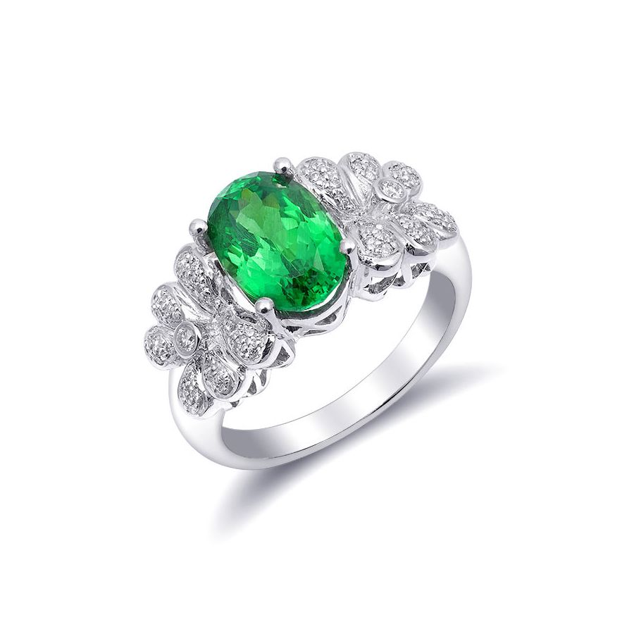 Unique Design Natural Tsavorite Ring 3.13cts Sparkling Diamonds 18K White Gold Cocktail / Modern / Green Color Gem