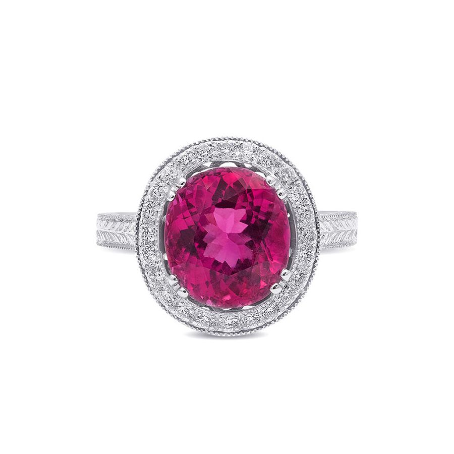 Natural Red Rubellite 3.16 carats set in 18K White Gold Ring with 0.16 carats Diamonds