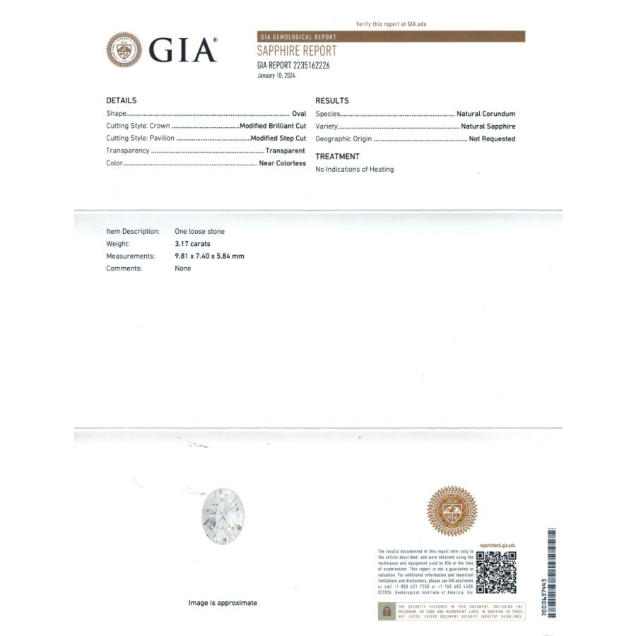 Natural Unheated White Sapphire 3.17 carats with GIA Report