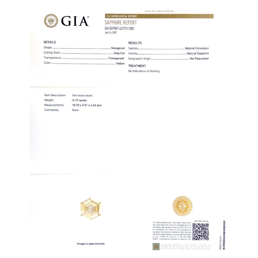 Natural Unheated Hexagonal Yellow Sapphire 3.19 carats with GIA Report