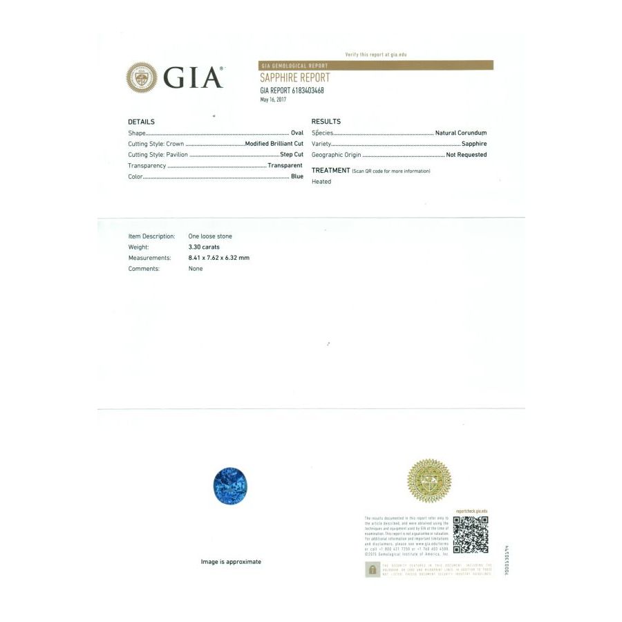 Natural Heated Blue Sapphire 3.30 carats with GIA Report
