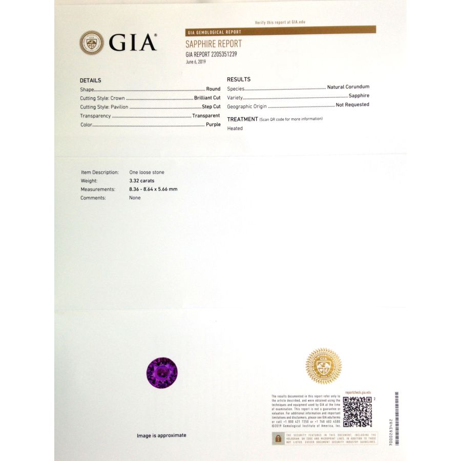  Natural Heated Purple Sapphire purple color round shape 3.32 carats with GIA Report