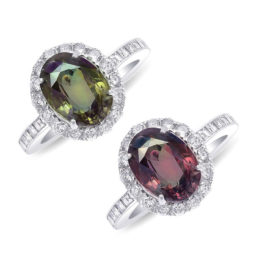 Natural Alexandrite with excellent color change 3.39 carats set in 14K White Gold with Diamonds / GIA Report & video