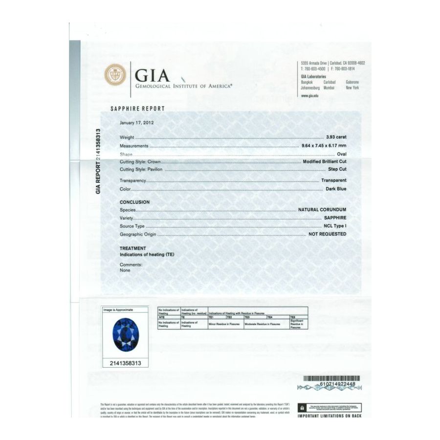 Natural Heated Blue Sapphire 3.93 carats with GIA Report 