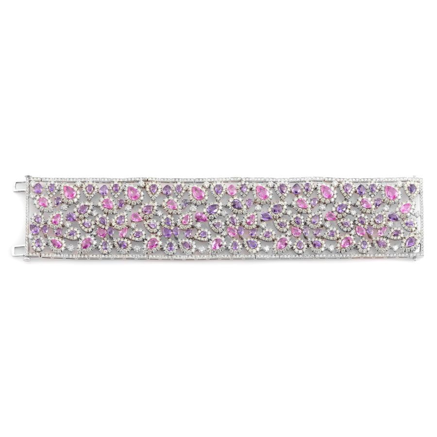 Natural Purple and Pink  Sapphires 42.50 carats set in 18K White Gold Bracelet with 23.40 carats Diamonds / Guild Lab. Report
