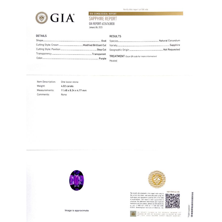 Natural Heated Purple Sapphire 4.02 carats with GIA Report