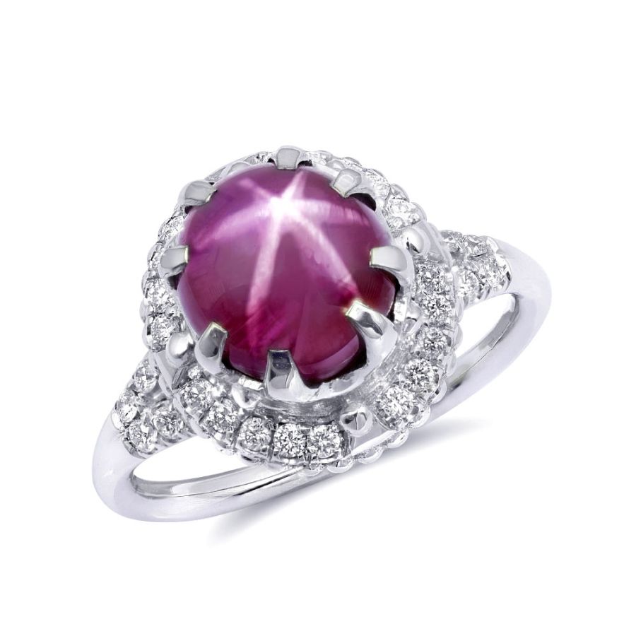 Natural Star Ruby 4.34 carats set in 14K White Gold Ring with 0.34 carats Diamonds