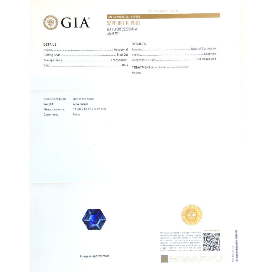 Natural Heated Hexagonal Blue Sapphire 4.84 carats with GIA Report