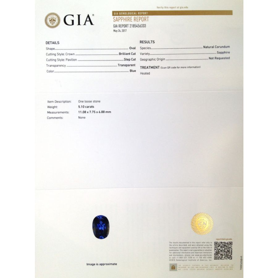 Natural Heated Blue Sapphire 5.10 carats with GIA Report