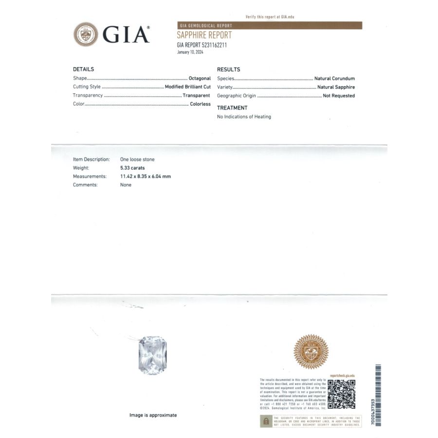 Natural Unheated White Sapphire 5.33 carats with GIA Report