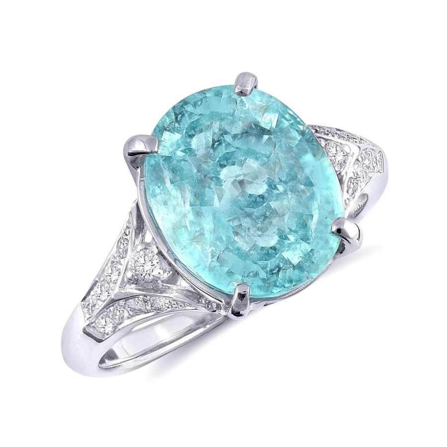 Natural Copper Bearing Mozambique "Paraiba"-type Tourmaline 5.34 carats set in 18K White Gold Ring with 0.31 carats Diamonds / GIA Report