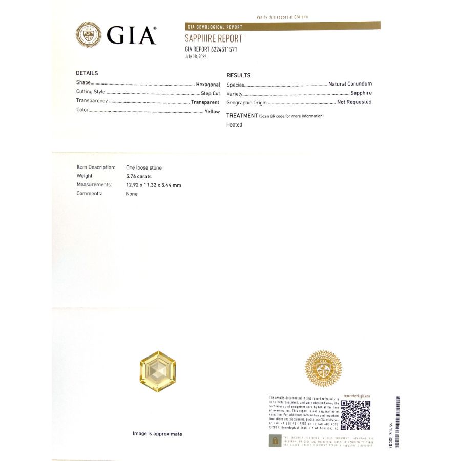 Natural Hexagonal Yellow Sapphire 5.76 carats with GIA Report