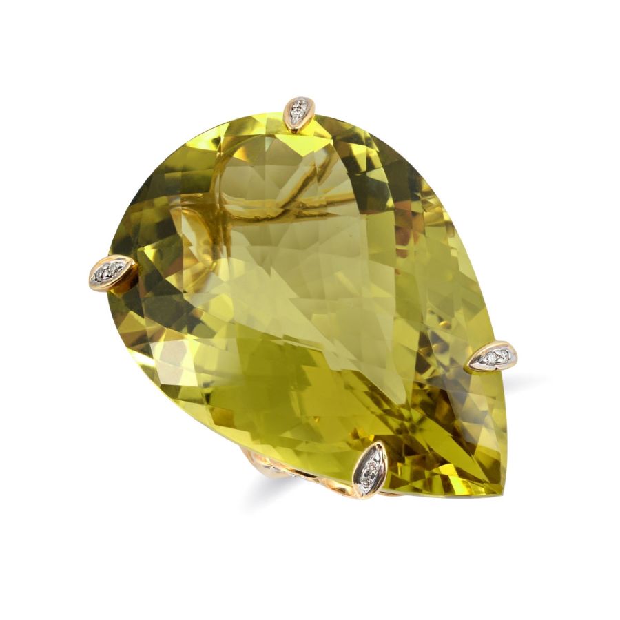 Natural Olive Green Quartz 62.87 carats set in 18K Yellow Gold Ring with 0.16 carats Diamonds