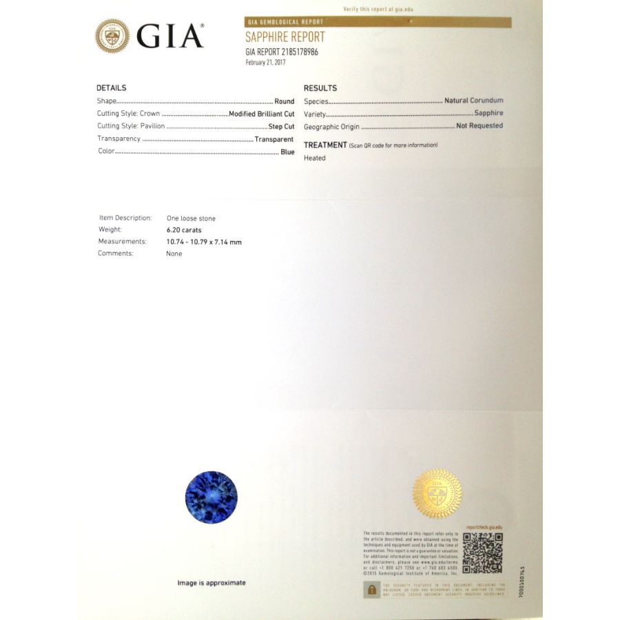 Natural Heated Blue Sapphire 6.20 carats with GIA Report