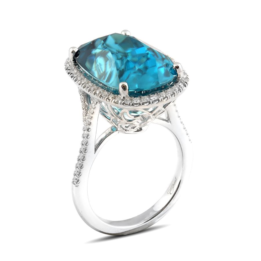 Natural Blue Zircon 25.86 carats set in 14K White Gold Ring with 0.41 carats Diamonds 
