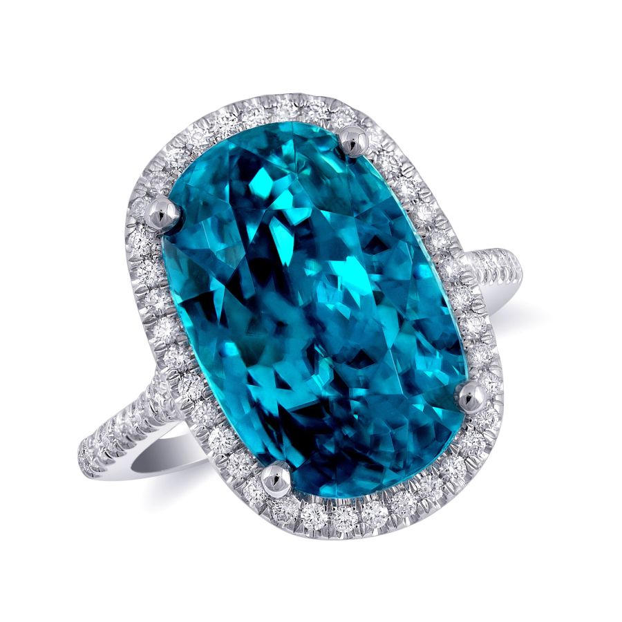 Natural Blue Zircon 20.22 carats set in 14K White Gold Ring with 0.38 carats Diamonds 