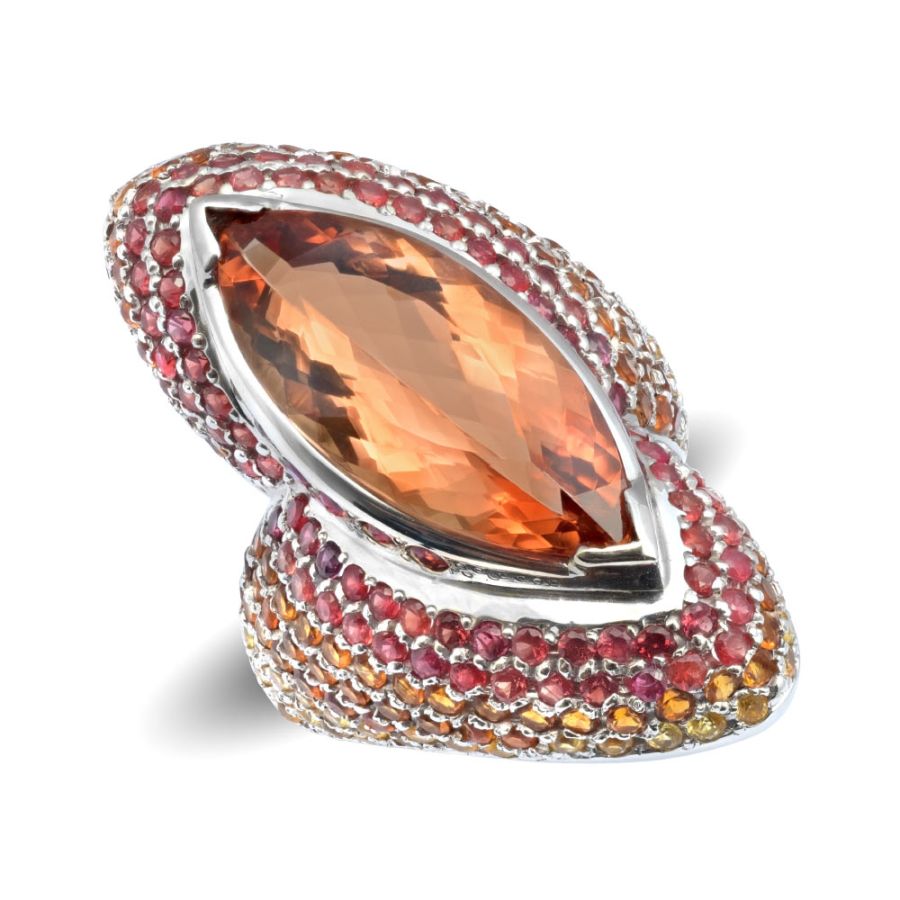 Natural Imperial Topaz 7.97 carats set in 18K White Gold Ring with 2.40 carats Yellow and Orange Sapphires