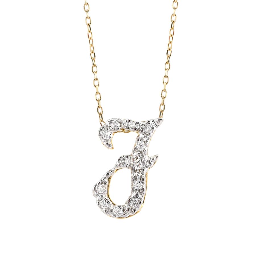 Initial "F" Pendant with Diamonds 0.12 carats, 14K White and Yellow Gold, 18" Chain