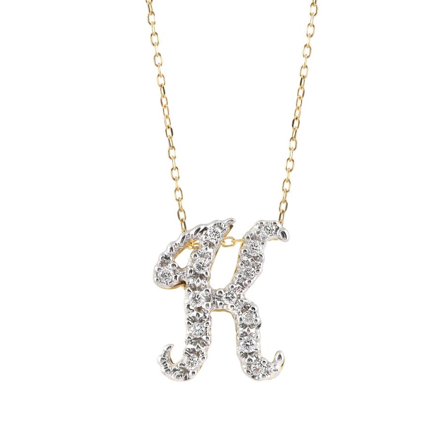 Initial "K" Pendant with Diamonds 0.13 carats, 14K White and Yellow Gold, 18" Chain