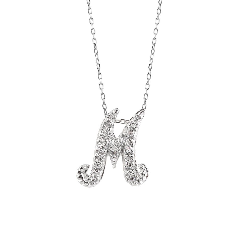 Initial "M" Pendant with Diamonds 0.14 carats, 14K White Gold, 18" Chain