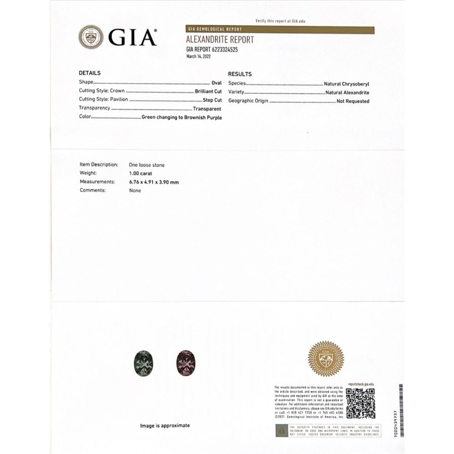 Natural Alexandrite 1.00 carats with GIA Report