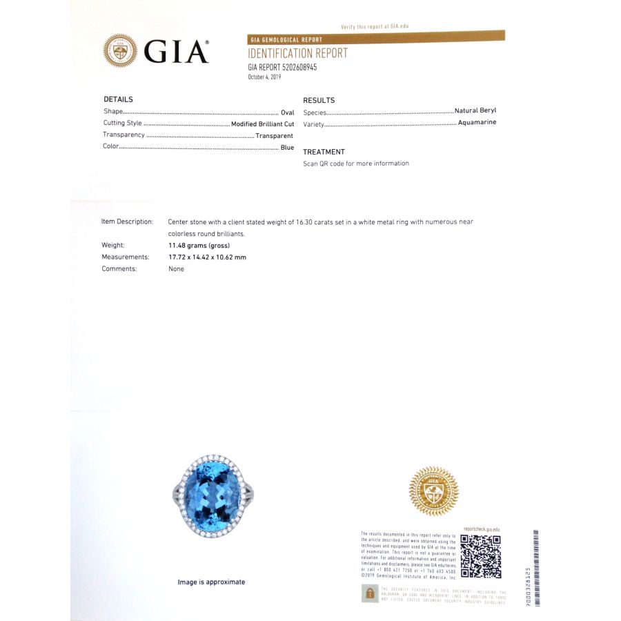 Natural Aquamarine 16.30 carats set in 14K White Gold Ring with 0.64 carats Diamonds  / GIA Report