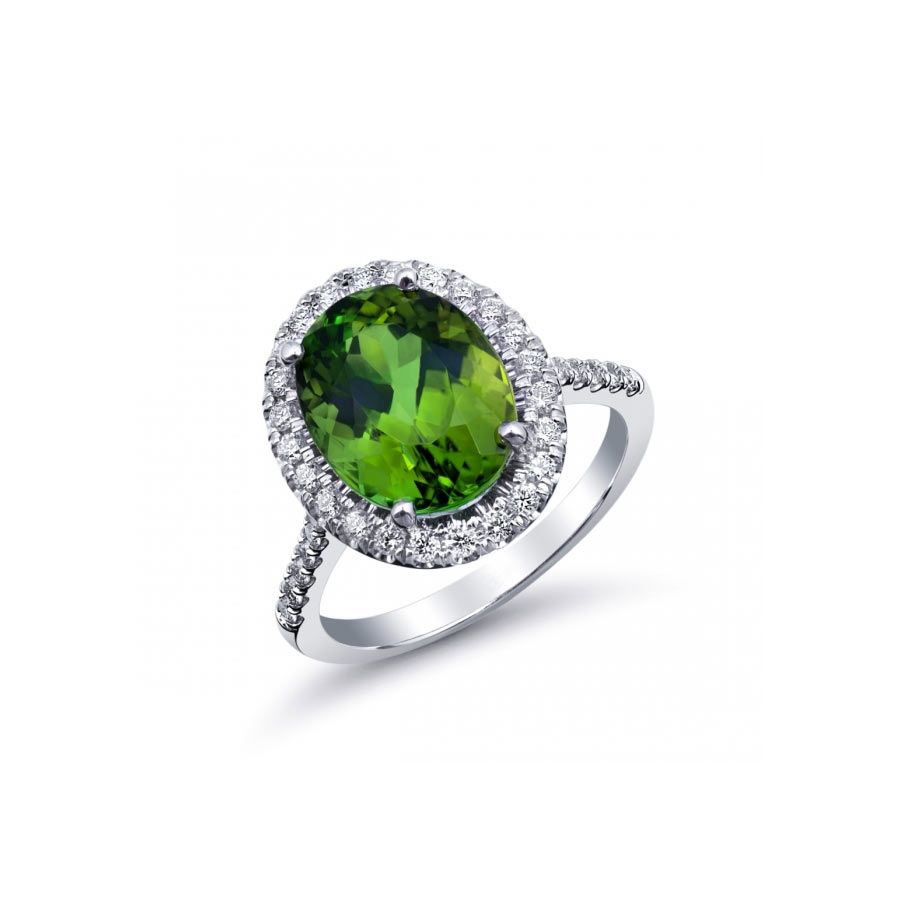 Natural Green Tourmaline 4.53 carats set in 14K White Gold Ring with 0.39 carats Diamonds 