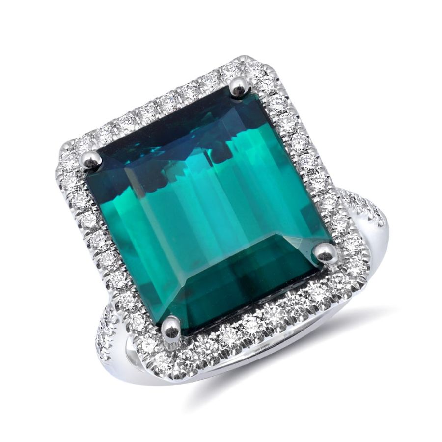 Natural Blue-Green Tourmaline 9.55 carats set in 14K White Gold Ring with 0.55 carats Diamonds 