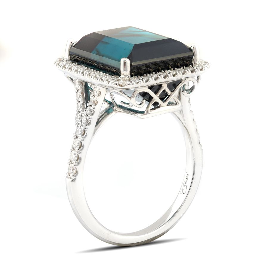 Natural Blue Green Tourmaline 11.92 carats set in 14K White Gold Ring with Diamonds 0.51 carats