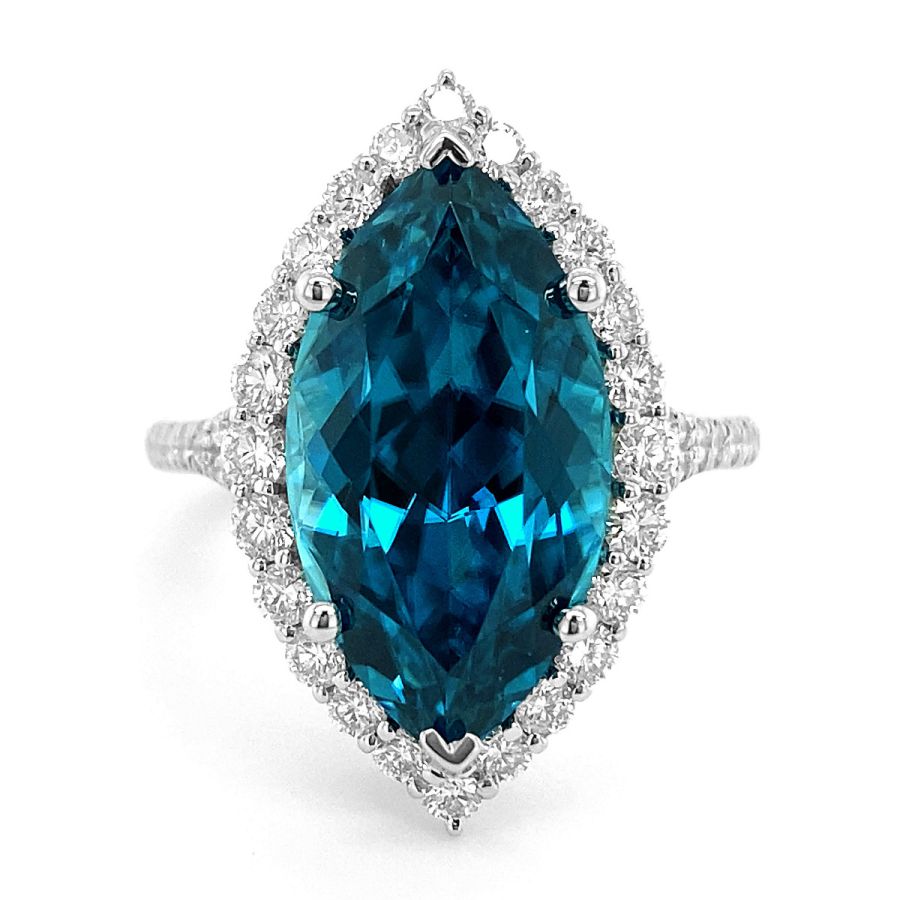 Natural Blue Zircon 11.67 carats set in 14K White Gold Ring with 0.83 carats Diamonds 