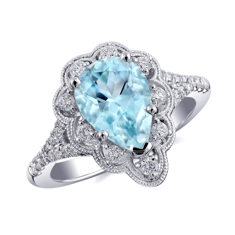 Natural Aquamarine 1.48 carats set in 14K White Gold Ring with 0.31 carats Diamonds