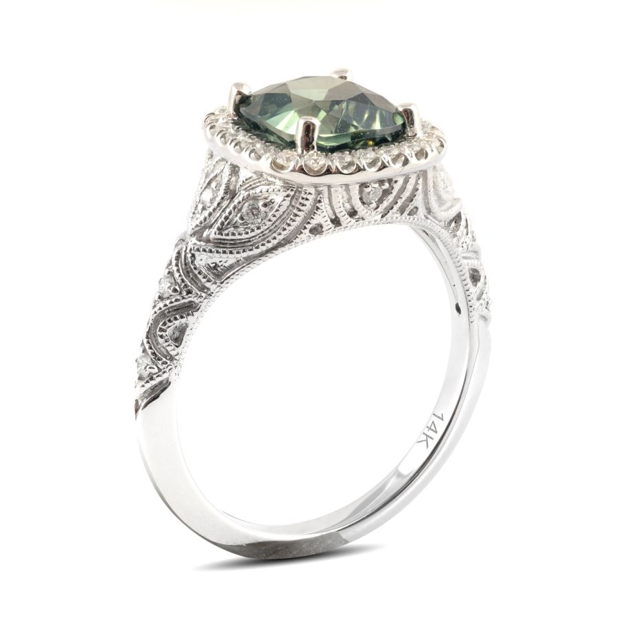 Natural Green Sapphire 2.22 carats set in 14K White Gold Ring with 0.22 carats Diamonds / GIA Report