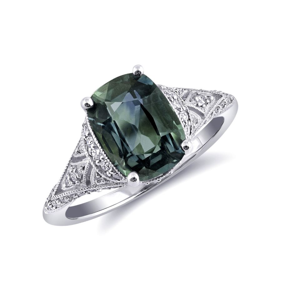 Natural Unheated Teal Blue-Green Sapphire 3.05 carats set in 14K White Gold Ring with 0.37 carats Diamonds / GIA Report