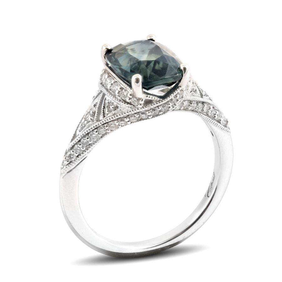 Natural Unheated Teal Blue-Green Sapphire 3.05 carats set in 14K White Gold Ring with 0.37 carats Diamonds / GIA Report