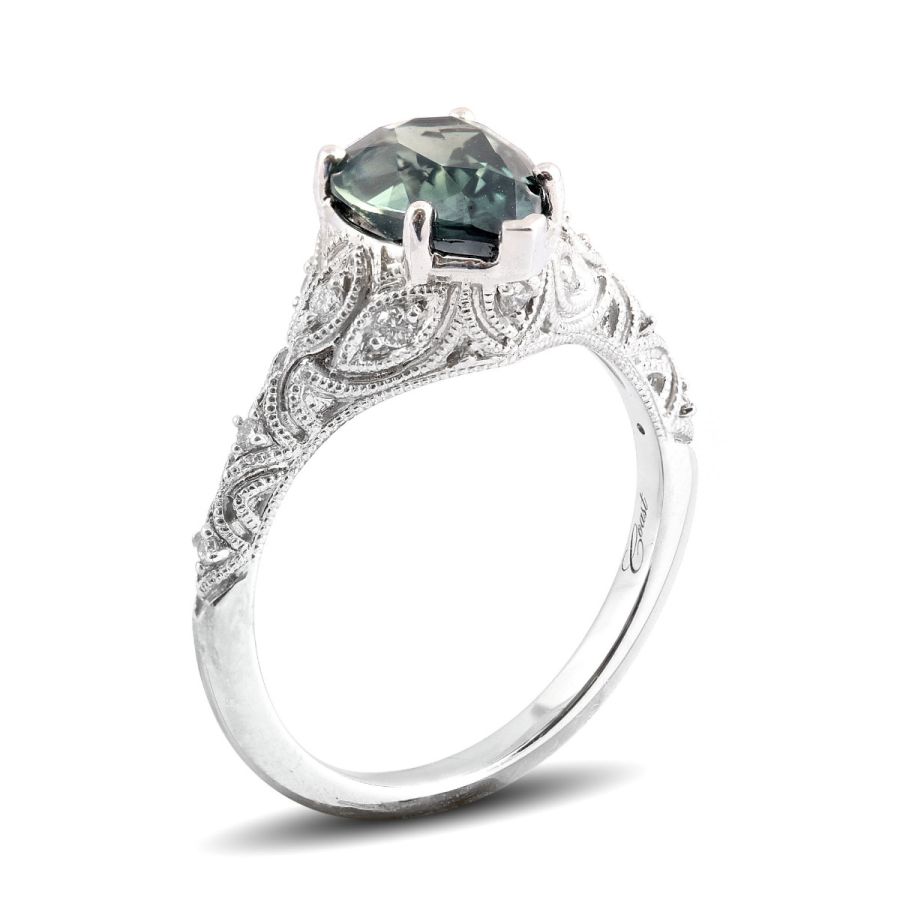 Natural Unheated Teal Green-Blue Sapphire 2.48 carats set in 14K White Gold Ring with 0.12 carats Diamonds / GIA Report