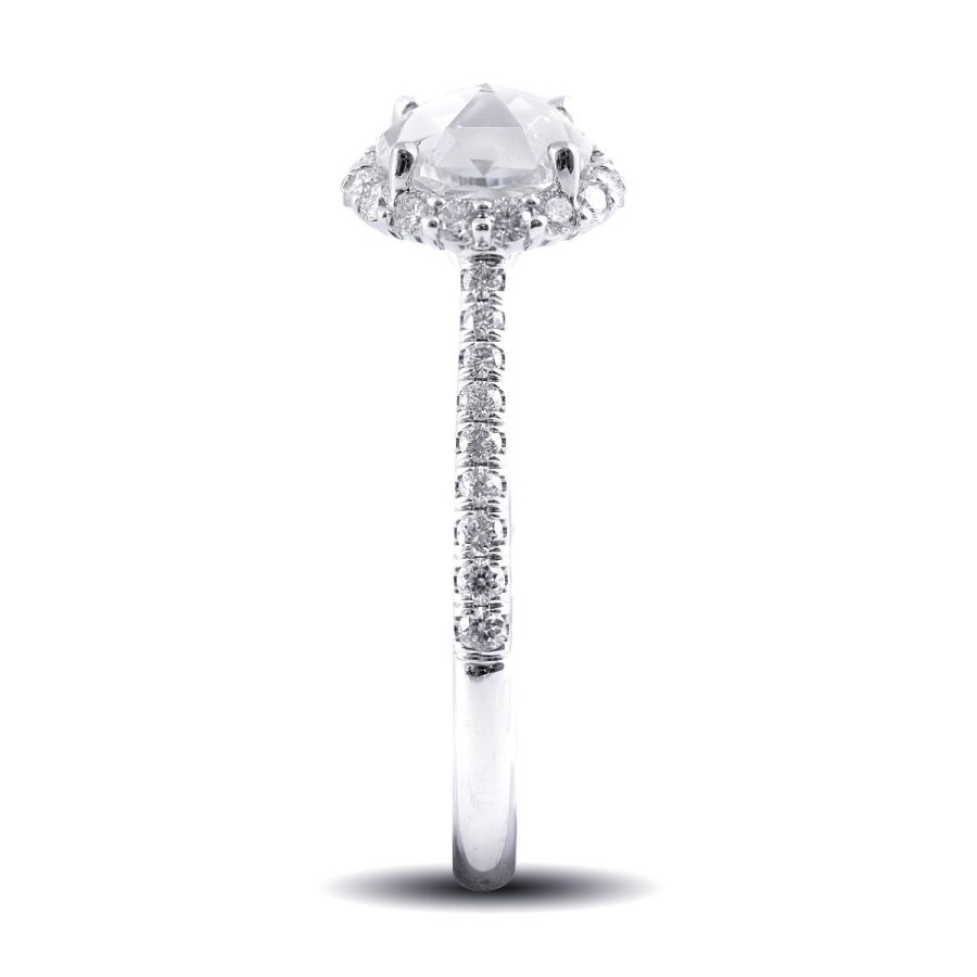 Natural Rose Cut Diamond 0.95 carats set in 18K White Gold Ring with 0.34 carats of Accent Diamonds / IGI Report