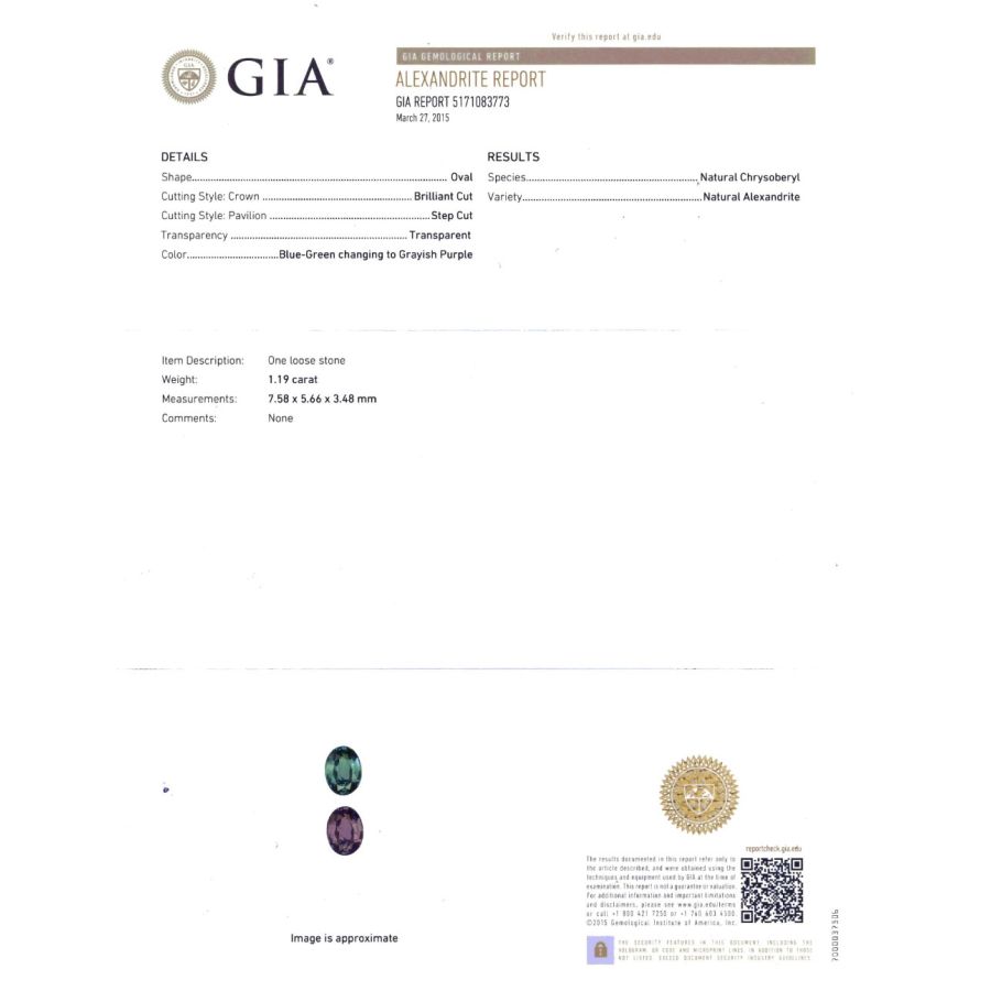 Natural Brazilian Alexandrite 1.19 carats set in Platinum Ring with 0.44 Carats Diamonds / GIA Report