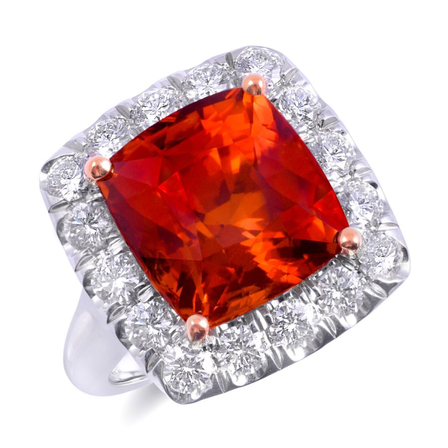 Natural Sri Lankan Intense Red-Orange Sapphire 12.12 carats set in 18K Two Tone Gold Ring with 1.32 carats Diamonds / GIA Report