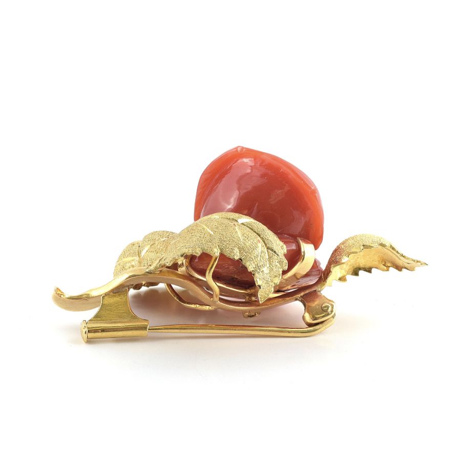 Natural Untreated Italian Carved Rose Coral set in 14K Yellow Gold Brooch