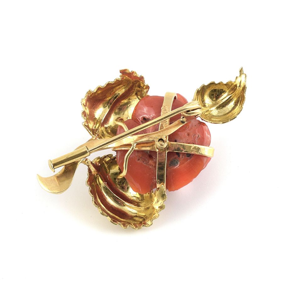 Natural Untreated Italian Carved Rose Coral set in 14K Yellow Gold Brooch