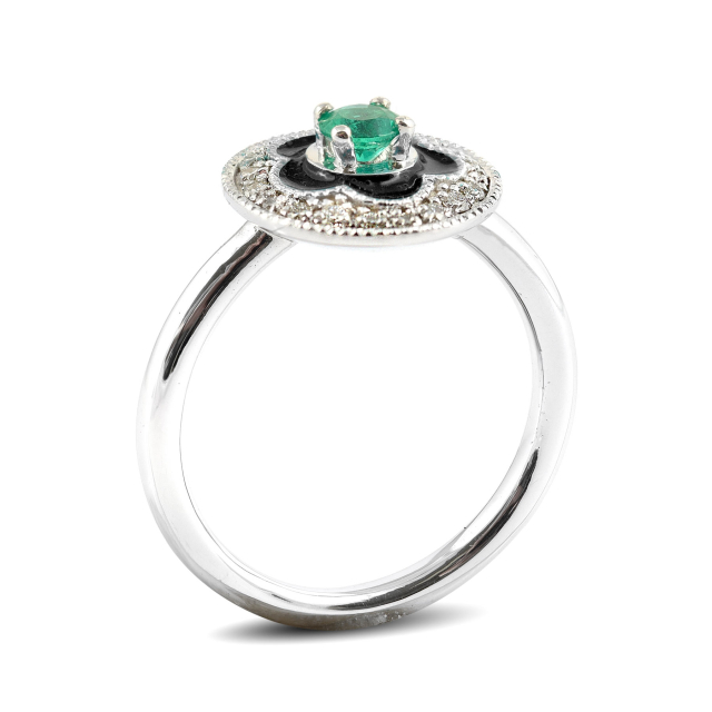 Natural Emerald 0.17 carats set with black enamel in 14K White Gold Ring with 0.18 carats Diamonds