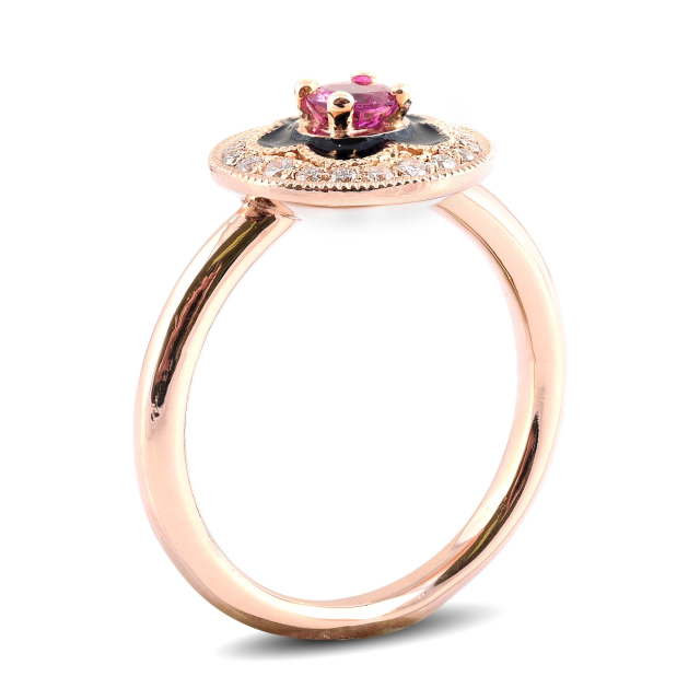 Natural Pink Sapphires 0.30 carats set with black enamel in 14K Rose Gold Ring with 0.16 carats Diamonds