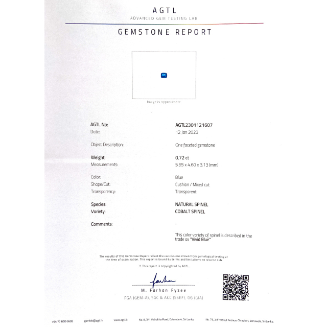 Natural Cobalt Spinel 0.72 carats with AGTL Report