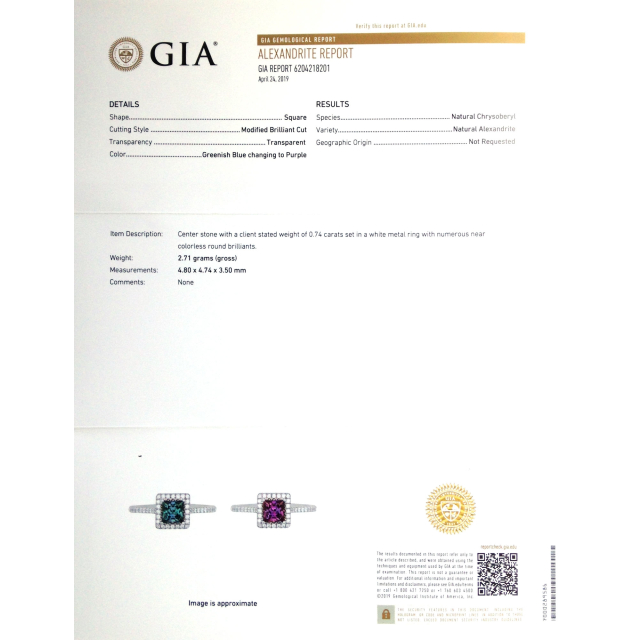 Natural Brazilian Alexandrite 0.74 carats set in 18K White Gold Ring with 0.20 carats Diamonds / GIA Report