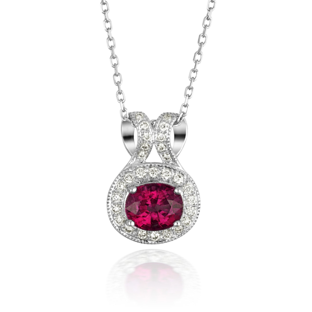Natural Rubellite 0.70 carats set in 14K White Gold Pendant with 0.15 carats Diamonds  