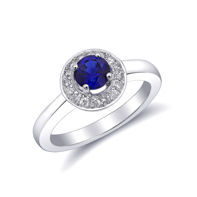 Natural Blue Sapphire 0.80 carats set in 14K White Gold Ring with 0.19 carats Diamonds