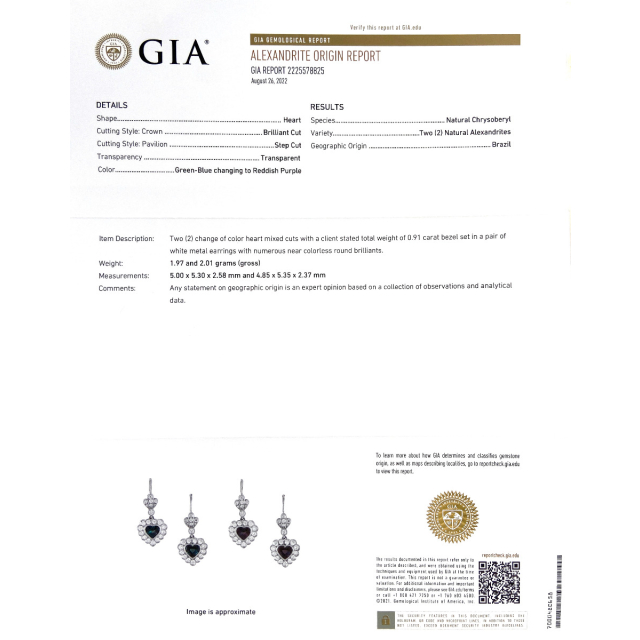 Natural Brazilian Alexandrites 0.91 carats set in Platinum Earrings with 0.80 carats Diamonds / GIA Report